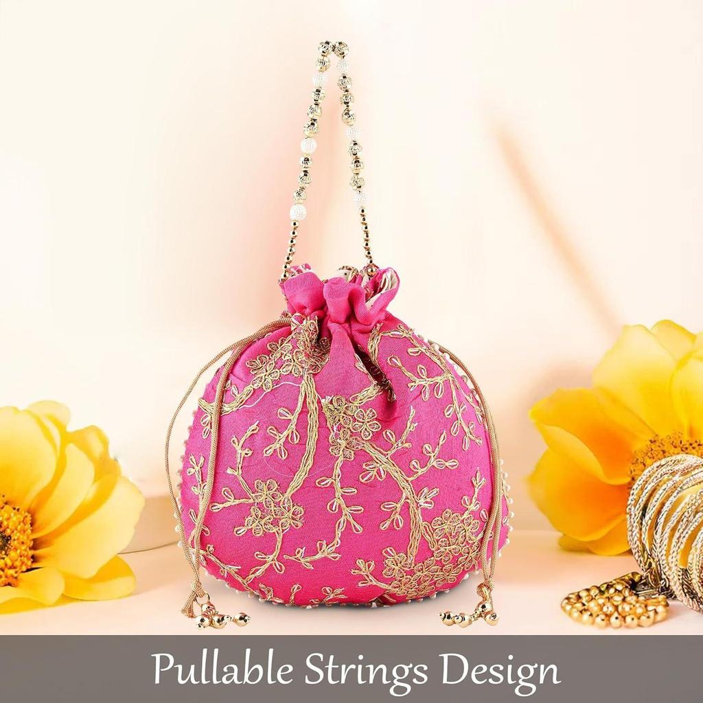 Pack of 2 Potli Bags for Ladies & Girls | Women Shagun Pouches for Festive Seasons | Embroidery Batwa Bag Bridal Purse -Pink