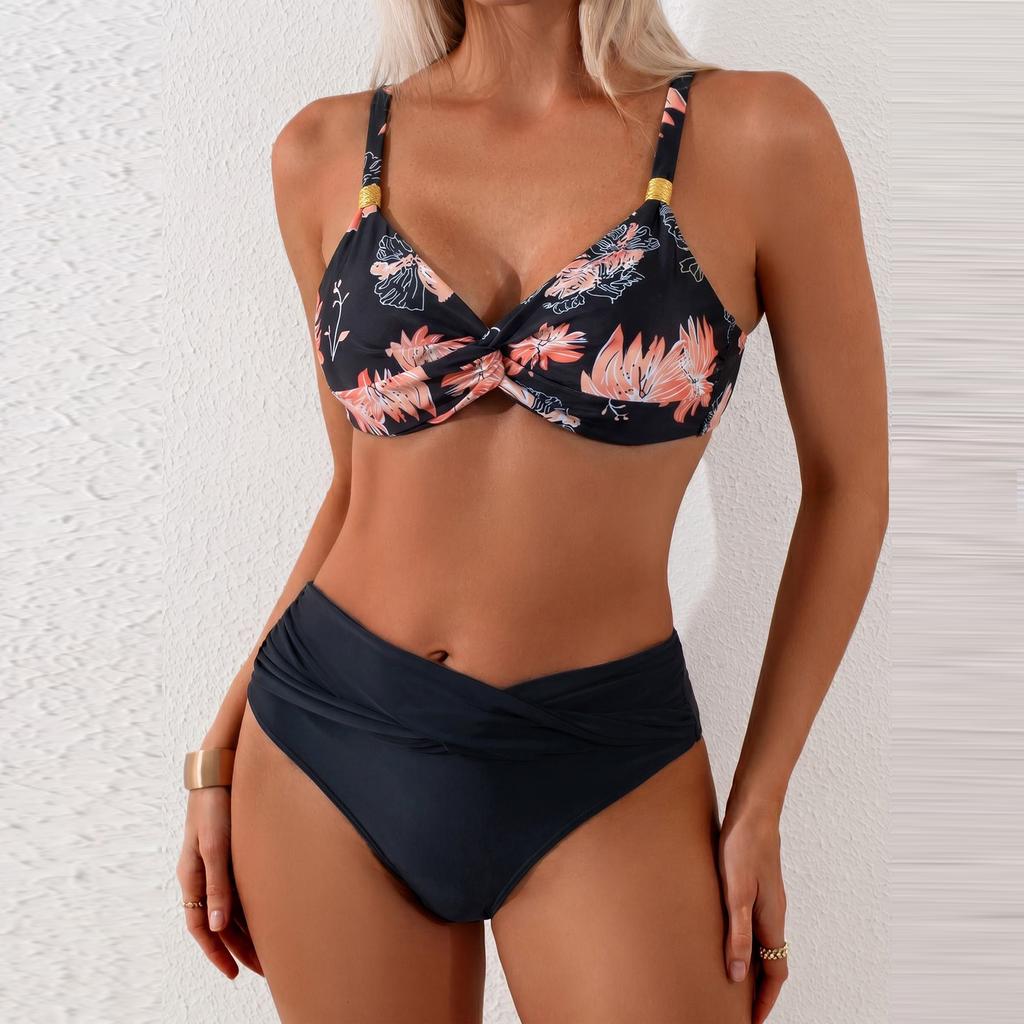 Women’s Two Piece High Waist Bikini Swimsuit with Ruffle Trim Sport Swimwear Set Adjustable Straps and Printed Top