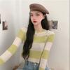 Striped Cropped Thin Long Sleeve Knit Sweater Women's Casual Round Neck Top Simple Bottoming Shirt Y2k Pullovers  KoreanFashion