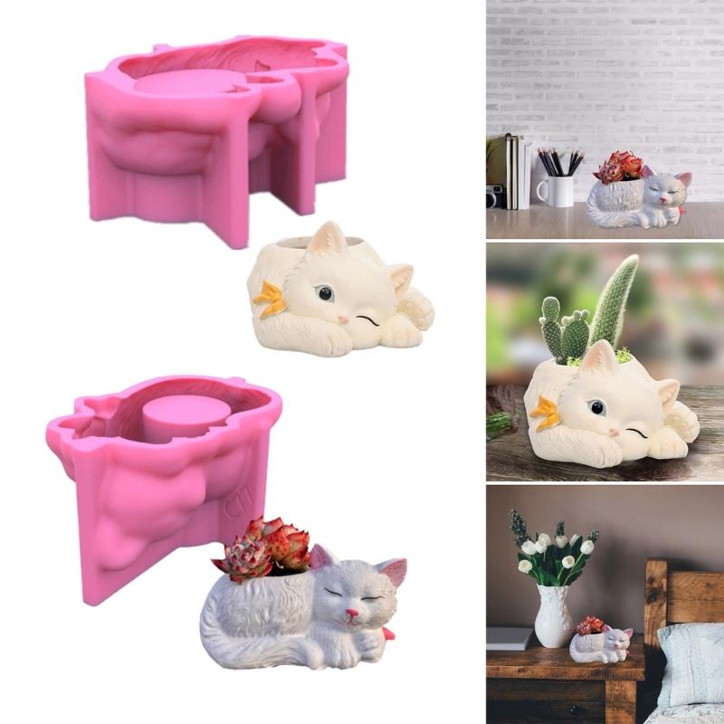 2 Stück Niedliche Katze Blumentöpfe Form Epoxidharzformen Stifthalter Kerzenhalter Zement Pflanzgefäß Silikonform Heimdekorationen