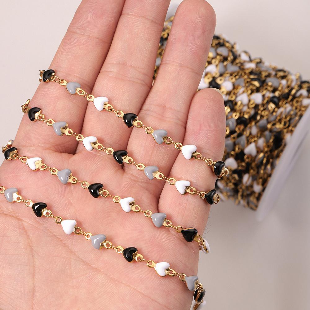 

1meter Stainless Steel Enamel Black White Gray Love Heart Beads Chains for Necklace Bracelet Sweater Jewelry Making DIY 1meter