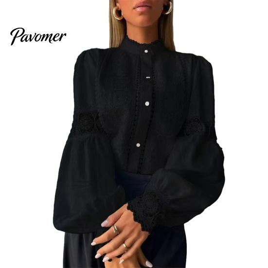 Entspannte Passform Kleidung Damen Stickerei Spitze Hemd, Herbst Laternenärmel Stehkragen Bluse, Lässig Formell Oberteil Normale Unifarbene Knopfleiste Polyester