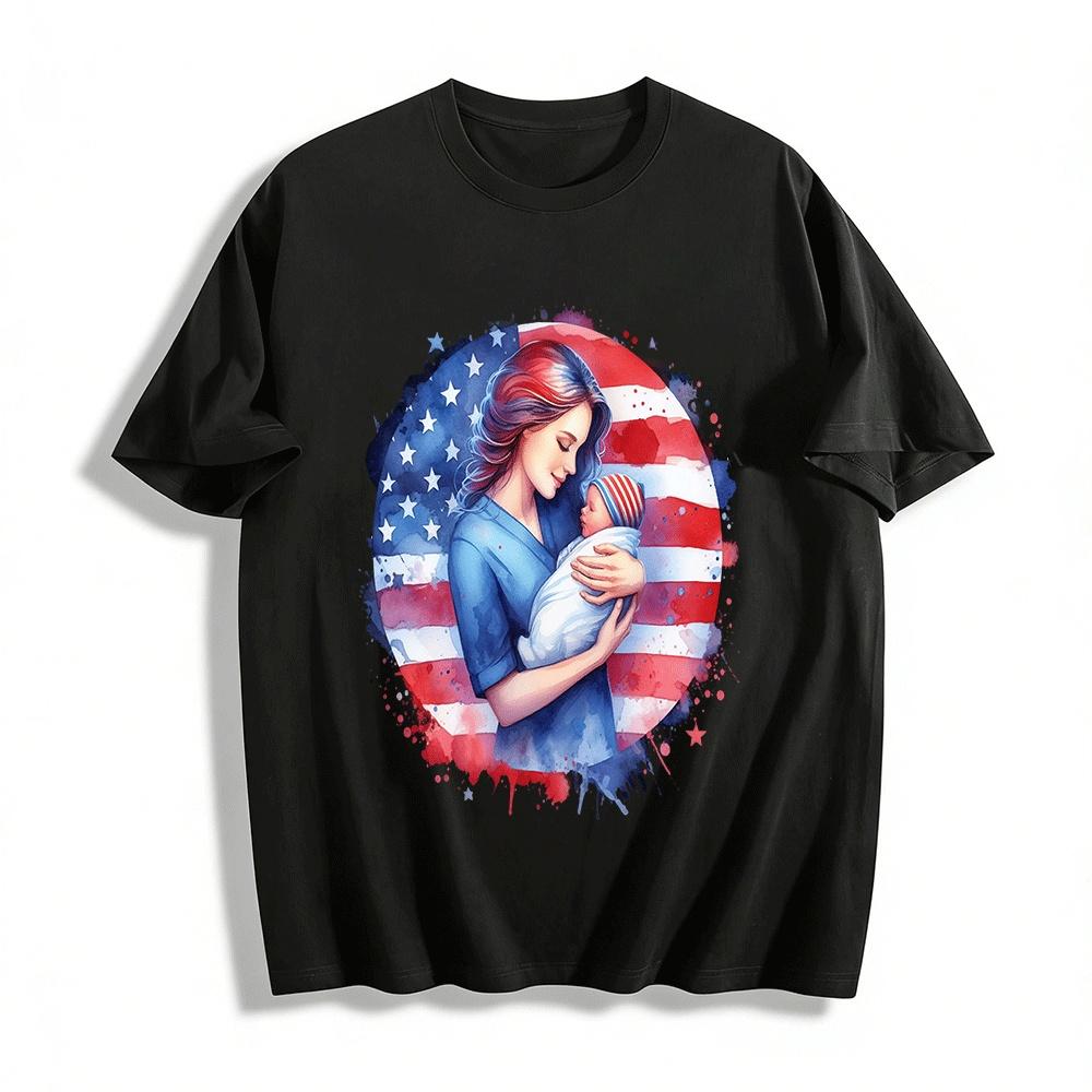 Patriotic Mother And Baby American Flag Print T-Shirt Pure cotton T-shirt XXS