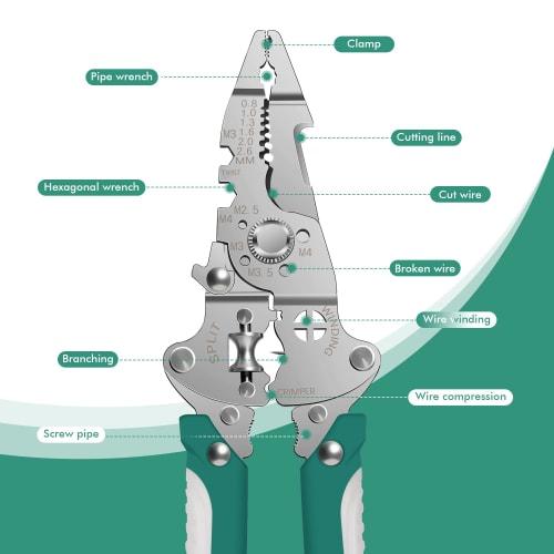 Powerful, multi-functional wire stripper with crimping pliers, suitable for both left-handed and right-handed electricians. Recommended for electricia