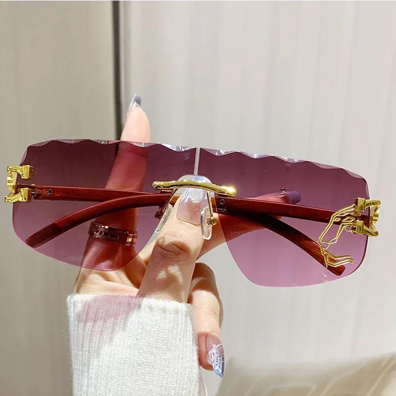 Popular Vintage Wave Rimless Sunglasses Women For Men Sun Glasses Punk Luxury Brand Designer Pink Gold Leopard Shades Uv400