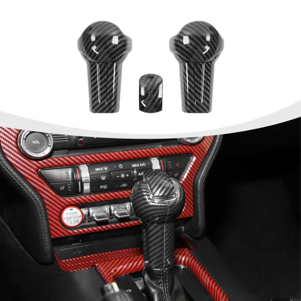 3Pcs/Set Car Gear Shift Knob Head Auto Interior Gear Knob Cover Trim Cover Red Black Carbon Fiber For Ford Mustang 2015 - 2019