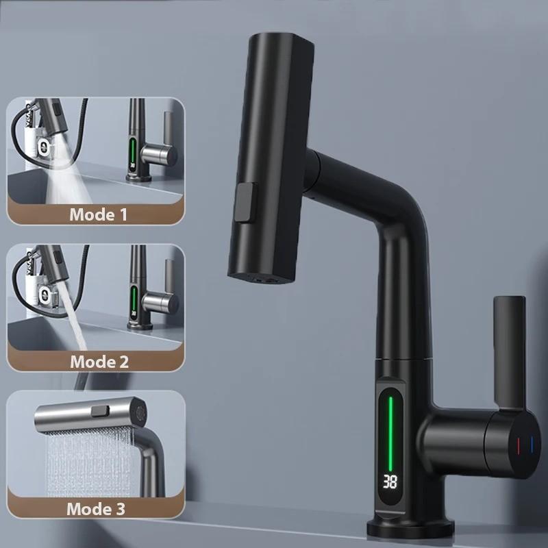 

Waterfall Temperature Digital Display Basin Faucet Lift Up Down Stream Sprayer Bathroom Hot Cold Water Sink Mixer чёрный