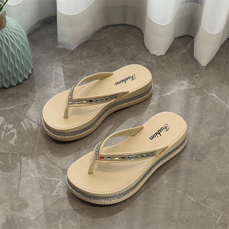 Thick-soled flip-flops women's new summer sandals outer wear toe flip-flops rhinestone fashion slippers