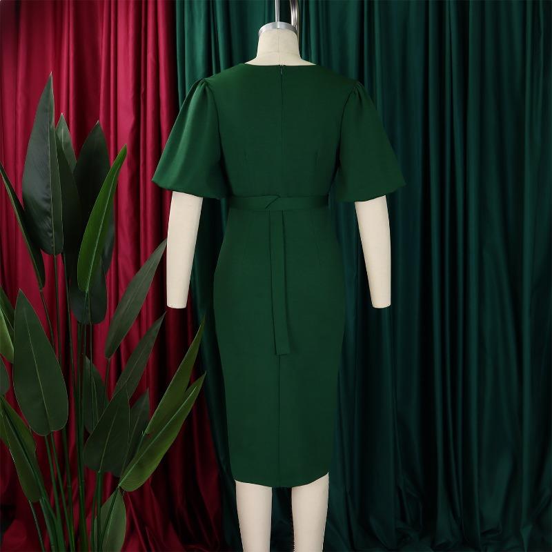 Women Fashion V Neck Puff Sleeve Solid High Waist Slit Bodycon Midi Dress