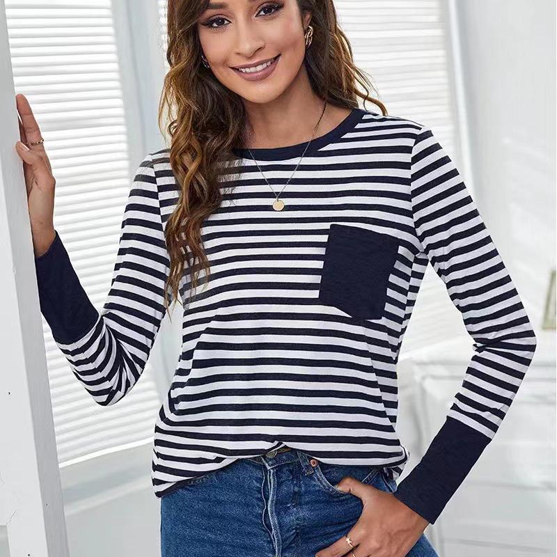 Ladies Autumn Winter Long Sleeve O Neck Striped Loose Pullover T Shirt Top with Pocket