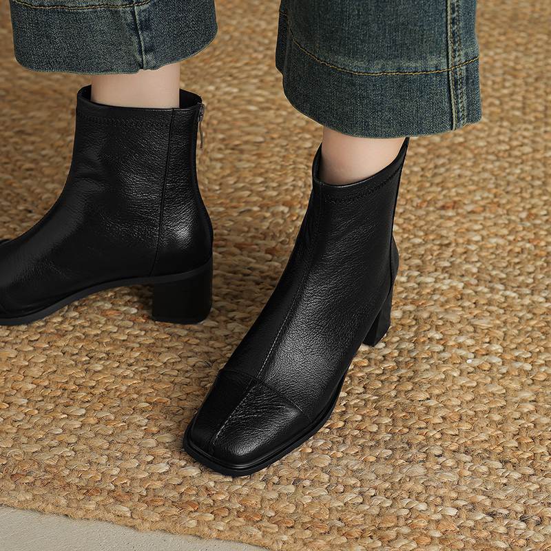 Krazing Pot Sheepskin Autumn Winter Shoes Thick Heels Size 42 Square Toe Zipper Vintage Ankle Boots