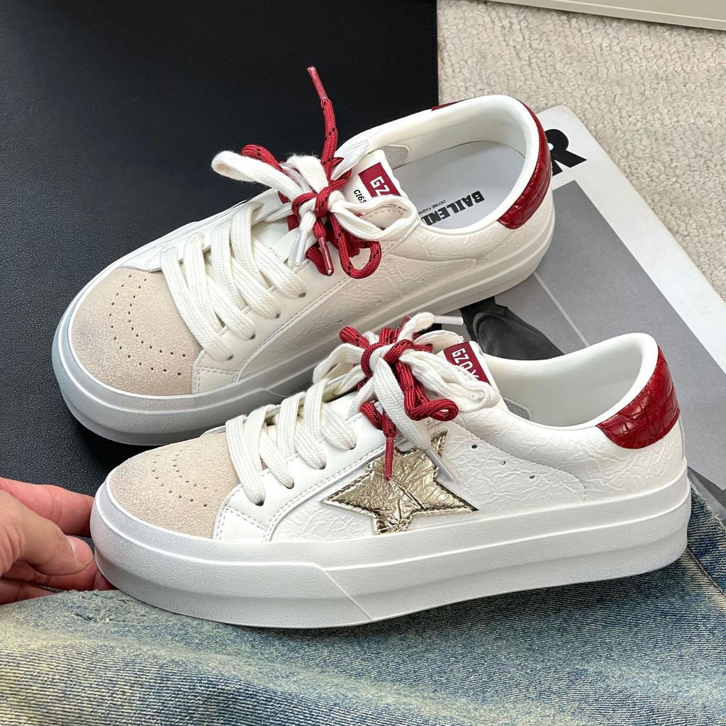Spring new leather casual star board shoes pair of shoelaces color matching retro women's white shoes