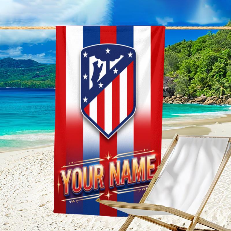 1pc Atletico Madrid Beach Towel with Custom Name, Beach/Swimming/Bath/Picnic/Camping Towel, Suitable for Seaside Beaches