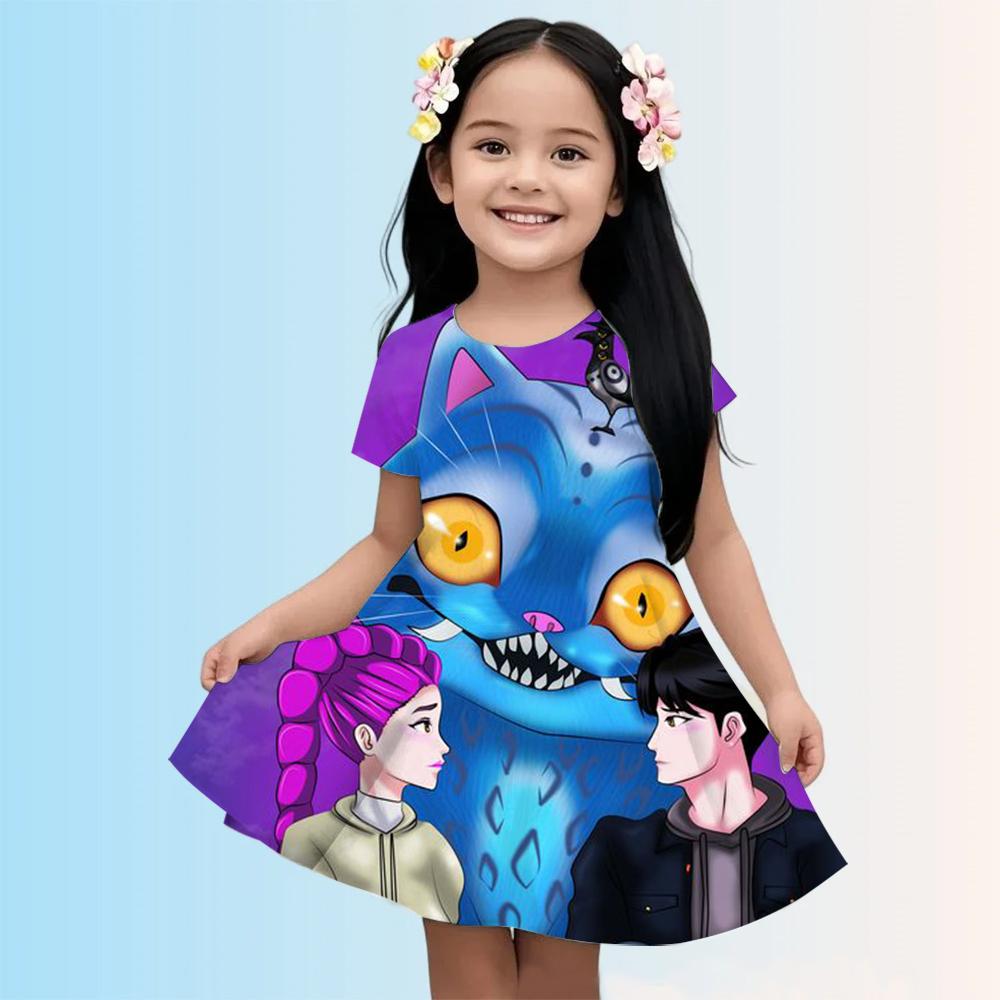 

Детские платья-футболки с принтом KPop Demon Hunters, повседневное платье для девочек, детская милая одежда с котиком для 1-10 лет, летнее удобное 130