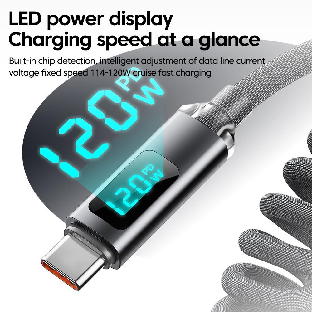 120W USB C To Type C Cable Retractable Car Spring Fast Charging Cable With Digital Display For iPhone 15 Samsung Huawei Xiaomi