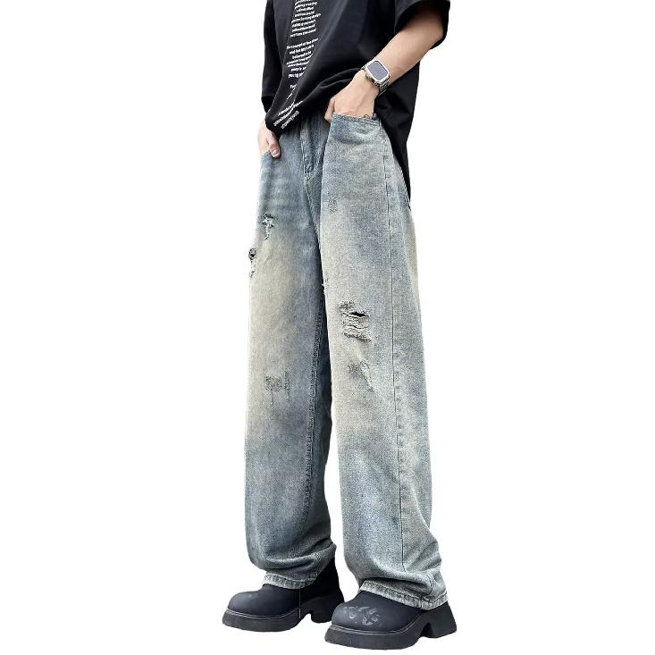 Men'S Retro Washed Vintage Wide Leg Jeans, Men'S Loose Straight Leg Casual Versatile Vibe Hanging Long Pants