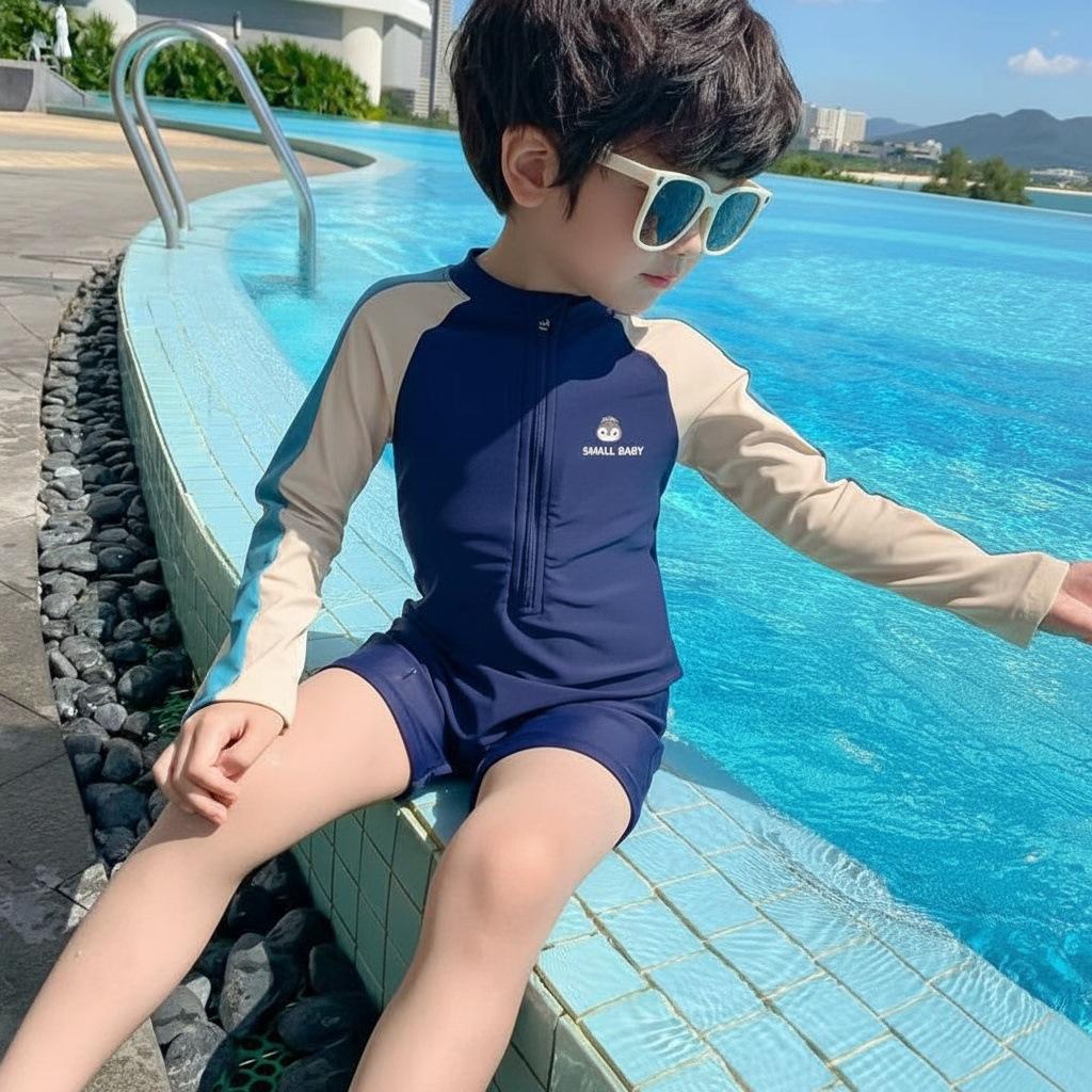 Children s swimsuit long-sleeved sunscreen quick-drying one-piece boy baby hot spring swimsuit handsome swimming parent-child children s swimsuit M(85-95cm) тёмно-синий