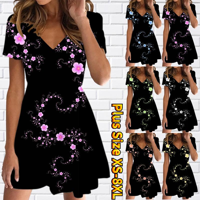 

Летняя мода Женское платье с коротким рукавом с V-образным вырезом и цветочным принтом Сексуальные платья с короткой юбкой