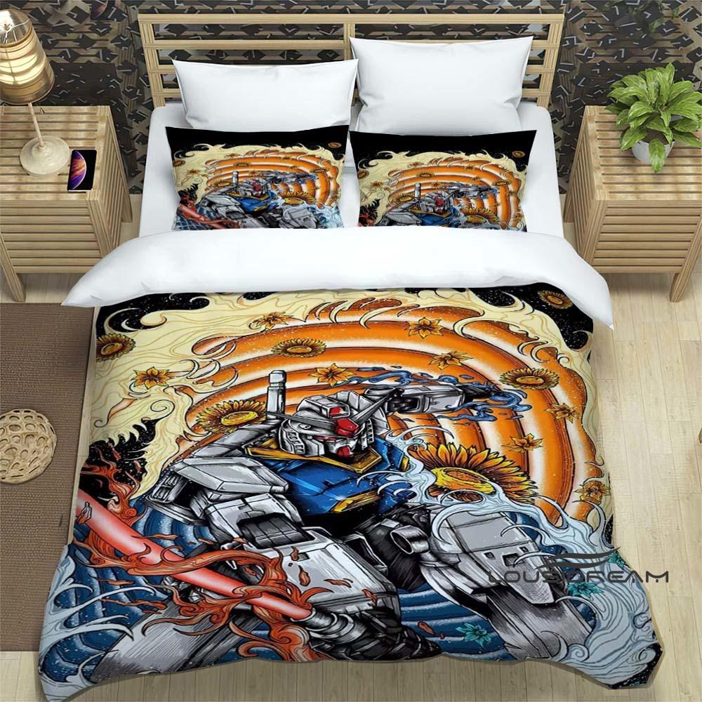 3D Printed Cartoon Gundam 3-Piece Bedding Set: Duvet cover set suitable for adult boys and girls bedroom décor, children's gift,