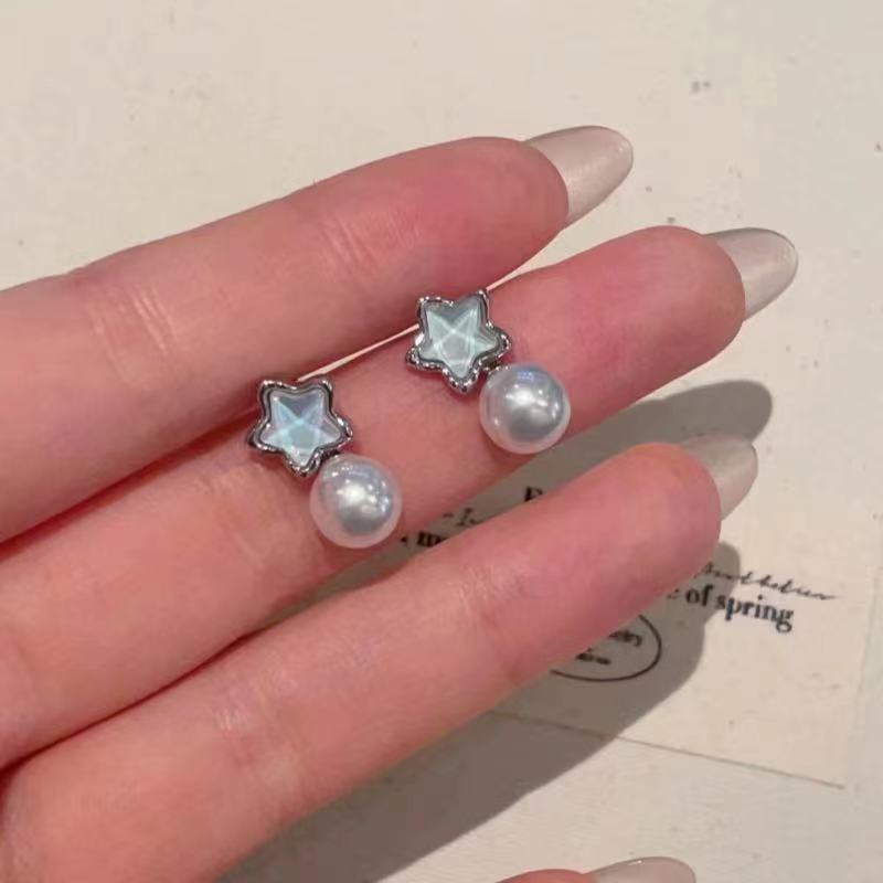 Blue star pearl stud earrings women's simple exquisite small design earrings ins versatile high-end earrings