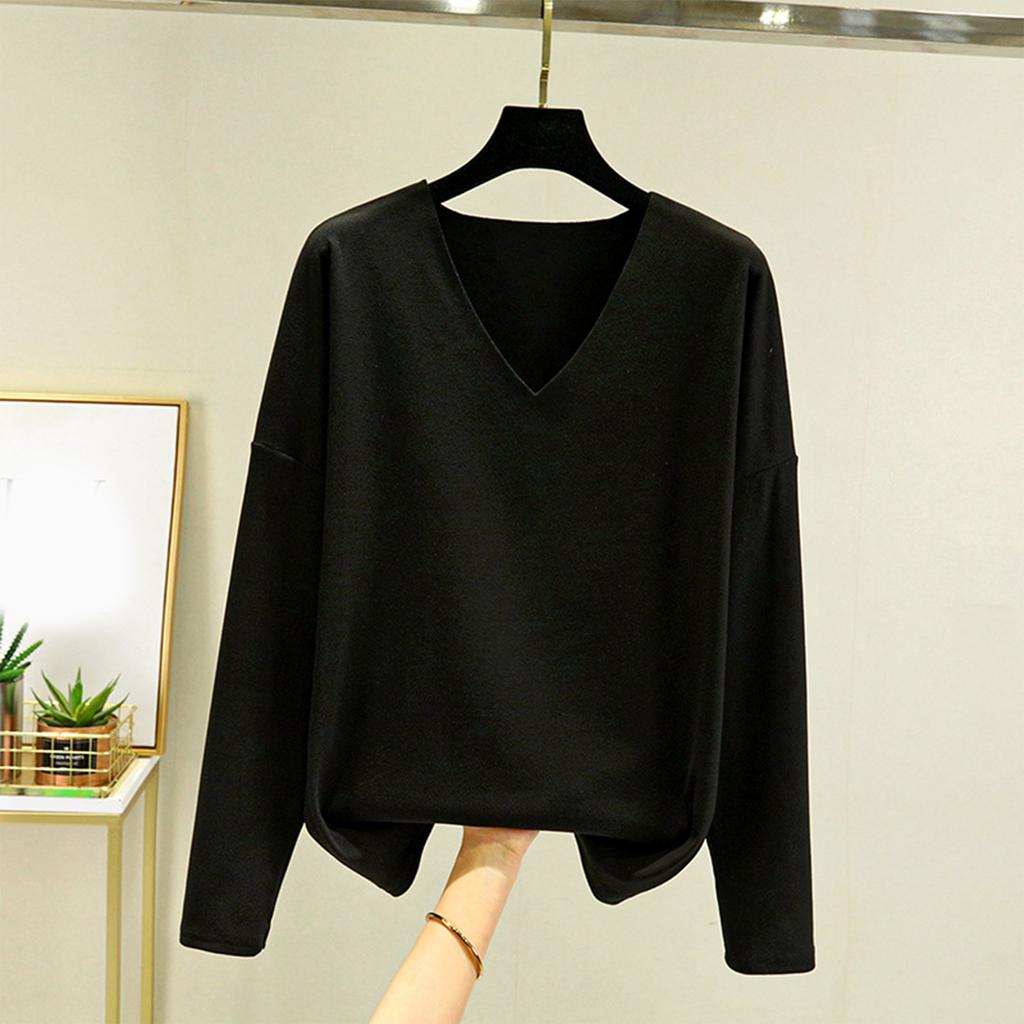 Ladies' Loose Comfortable Casual Fashionable And Large Size Warm Underwear With Seamless  V-Neck And Thick Velvet Long Sleeves Top