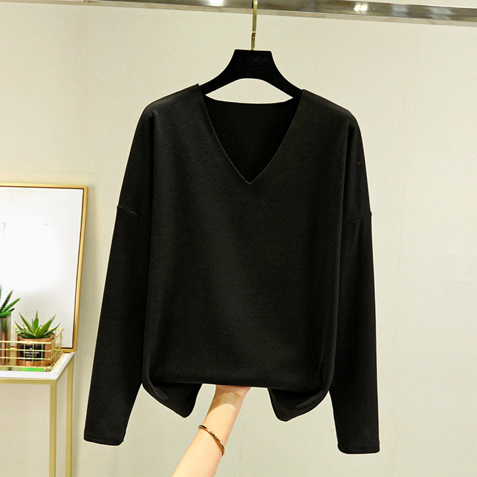 

Ladies Loose Comfortable Casual Fashionable And Large Size Warm Underwear With Seamless V-Neck And Thick Velvet Long Sleeves Top L чорний
