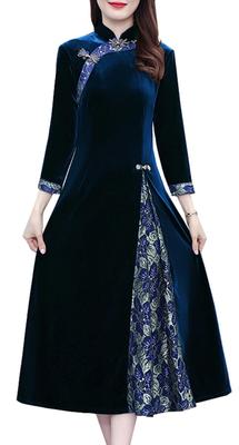 NEZIH Long Sleeve Flared Plus Size Size Dress, Autumn/Winter, High-Waisted, Chinese-Style Dress, Docking, Feminine, Beautiful, (Blue, 6)