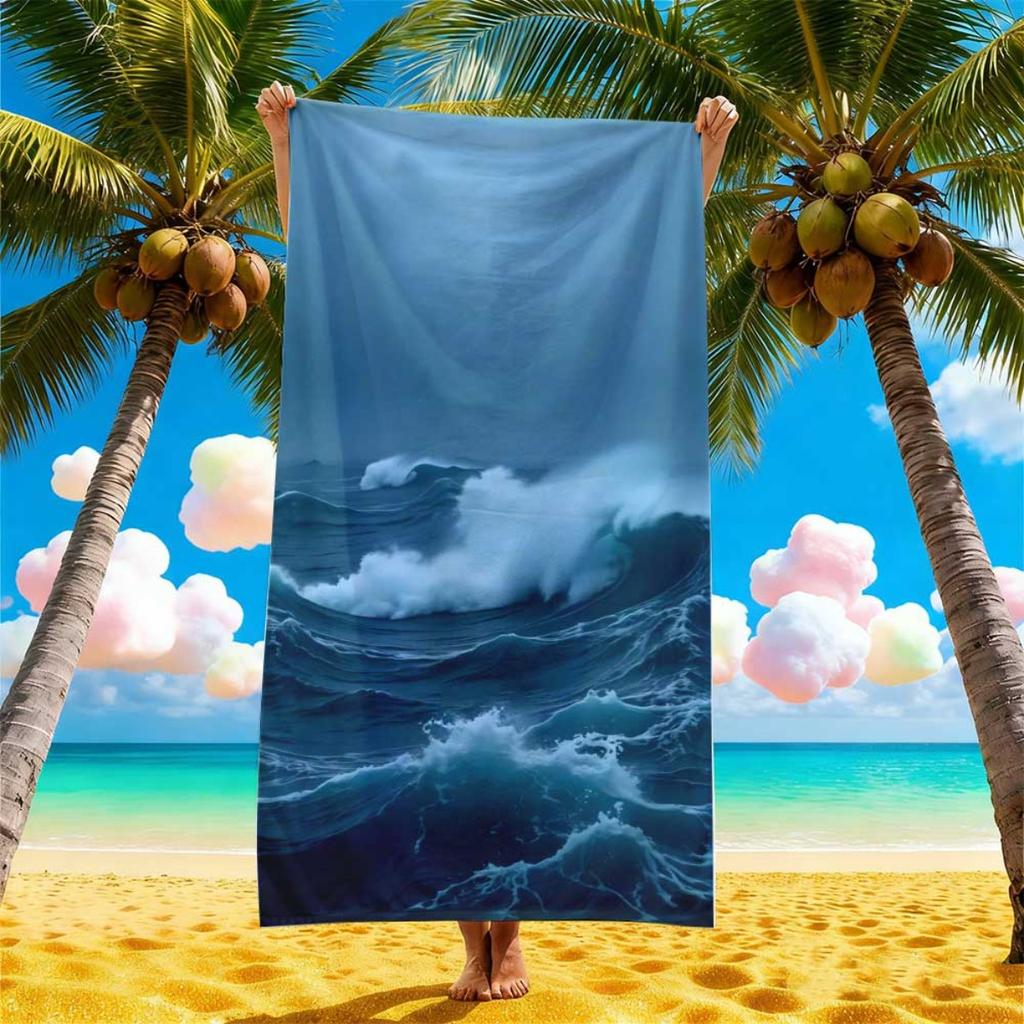 2D Flat Printed Microfiber Beach Towel 1 Piece Set Sandproof Waterproof Deep Sea Ocean Wave Summer Pool Bath Towel Vacation