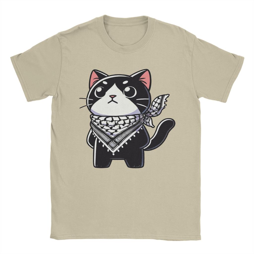 Cute Cat Wearing the Keffiyeh T Shirts Men 100% Cotton Humorous T-Shirt Crewneck Tee Shirt Short Sleeve Tops Unique