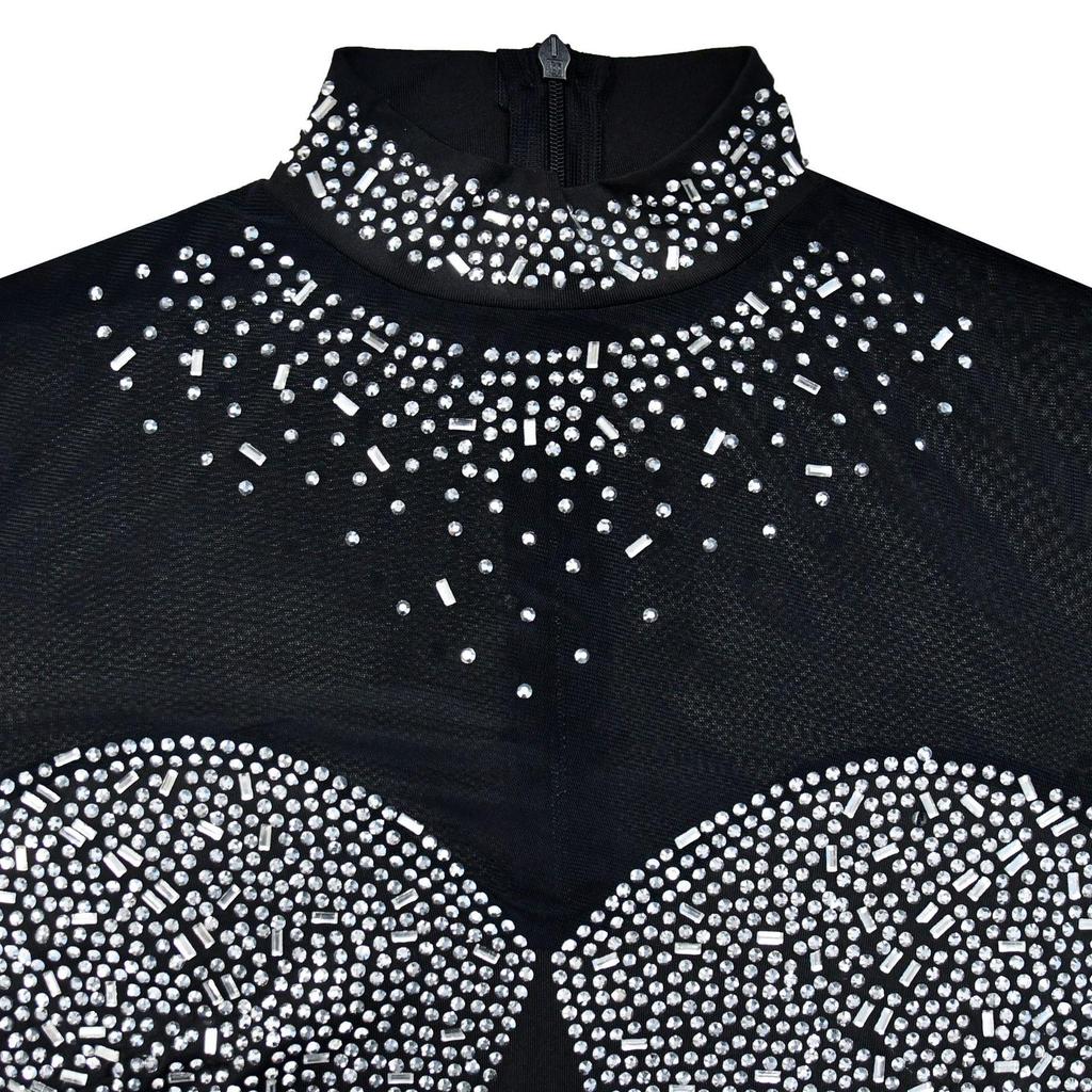 European & American Fashion Women's Solid Color Mesh Rhinestone Long Sleeve Mini Dress