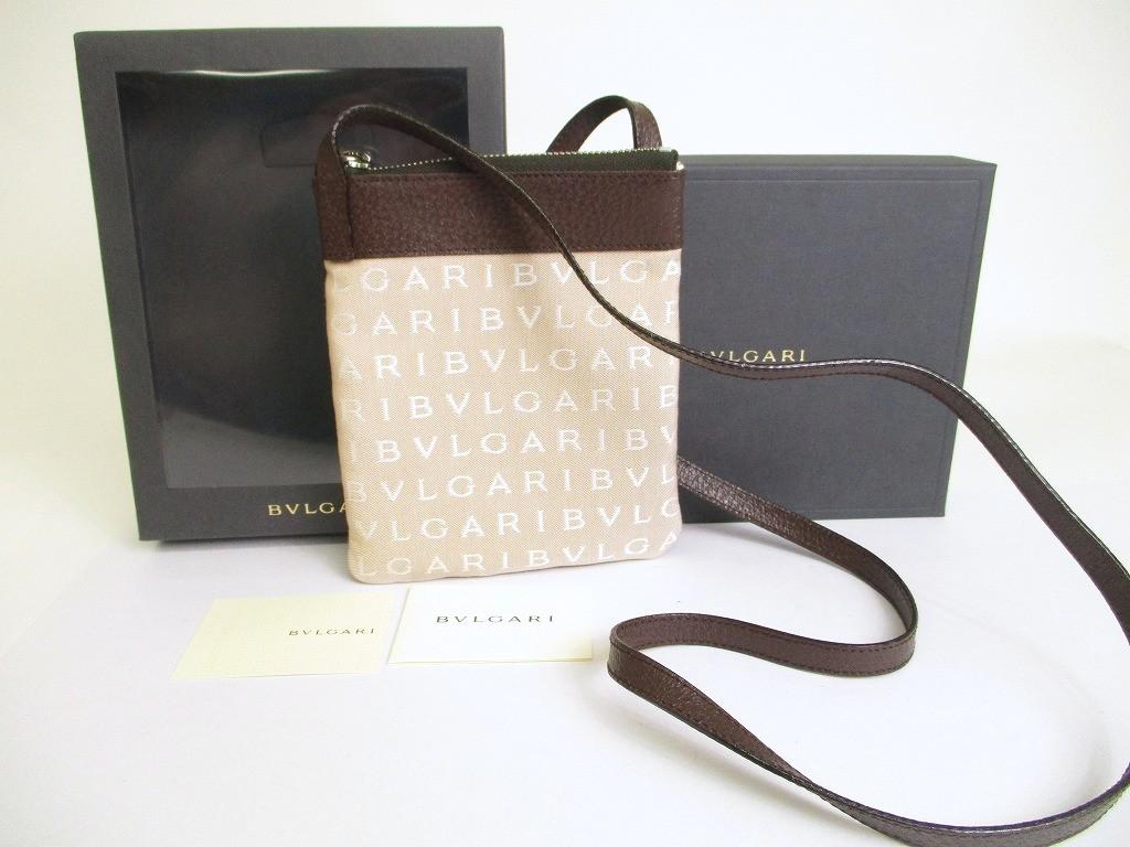 Authentic BVLGARI Logo Mania Beige Canvas Brown Leather Crossbody Bag Pouch #a888  Refurbished