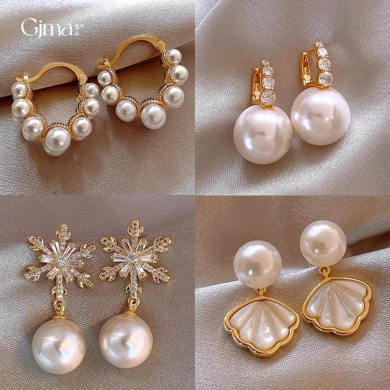 Real gold electroplated zircon pearl flower fritillary earrings simple stud earrings temperament earrings women