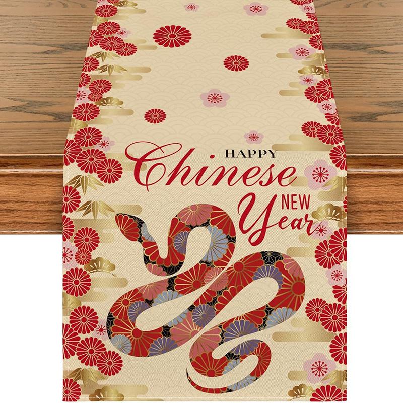 

Double Snake Chinese New Year Linen Table Runner Happy New Year s Day Decorations for Home Spring Festival Supplies Table Flag 33X183cm