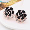 Women Peony Camellia Flower Rhinestones Alloy Ear Stud Earrings Party Jewelry