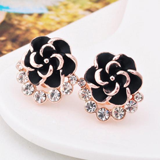 Women Peony Camellia Flower Rhinestones Alloy Ear Stud Earrings Party Jewelry