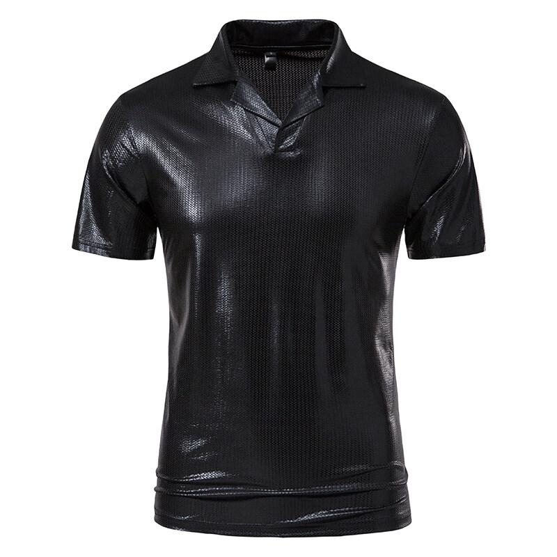 Summer Men's Short Sleeve Polo Shirt Shiny Metallic Streetwear Lapel T-shirts Men Gold Stage Costume Disco Party NightClub Tops
