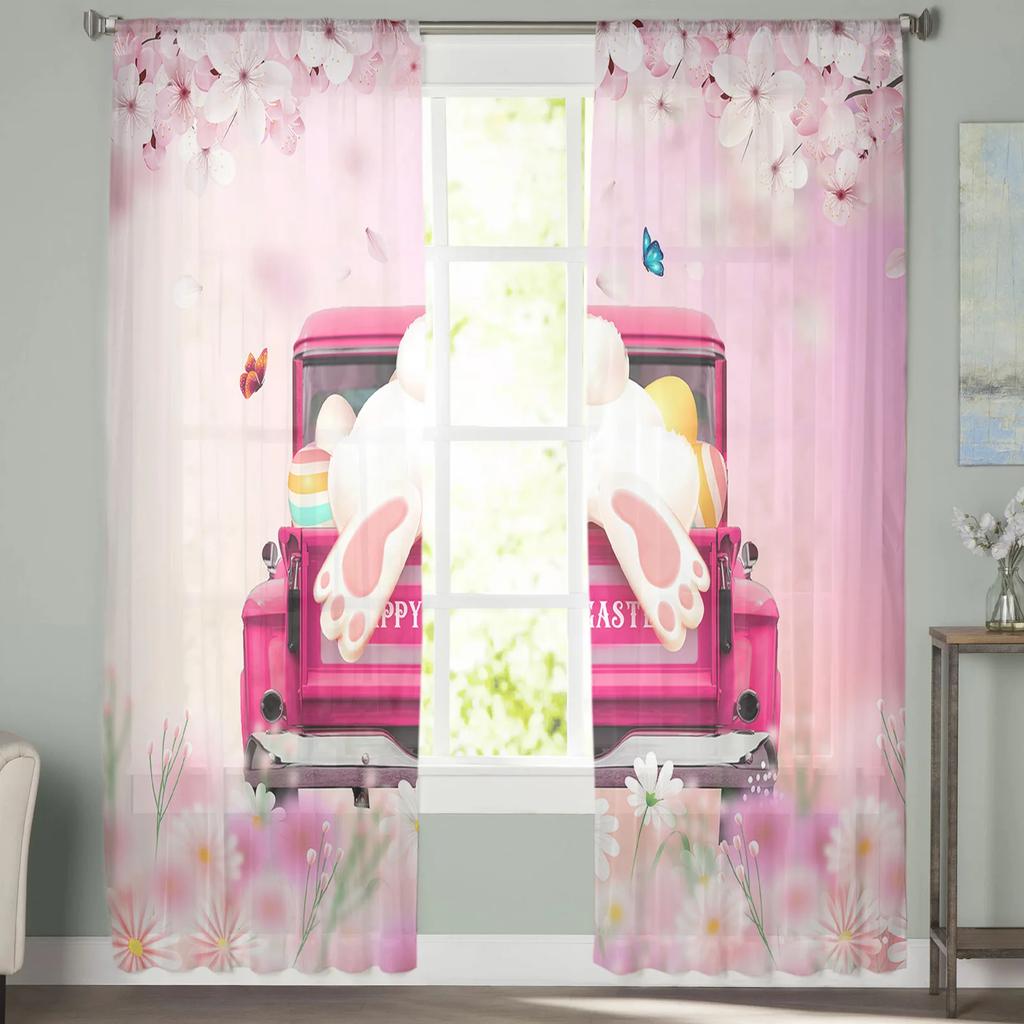 Easter Truck Bunny Butterfly Cherry Blossom Curtains Living Room Voile Curtain Bedroom Tulle Window Drapes Sheer Made Of Polyester Sitting Decor