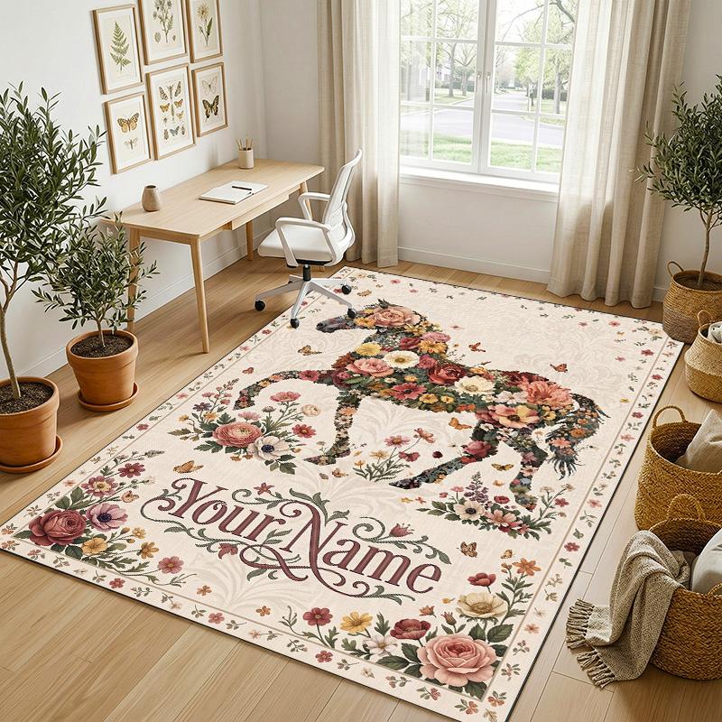 Floral Horse Theme Soft Crystal Velvet Rug Custom Name & Text Print Non Slip Floor Rug for Bedroom Living Room