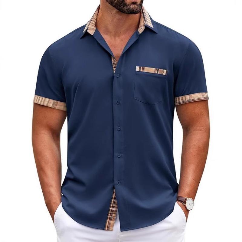 Men's Summer Casual Button Down Shirt Fashion with Plaid Trim Pocket Detail Short Sleeve