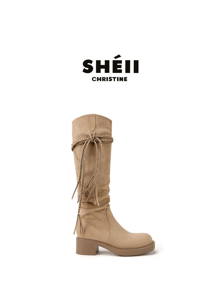 

Sheepskin version Su Yinyin same Egyptian boots~ fringed thick heel medium and high boots western cowboy boots women s pile boots 35