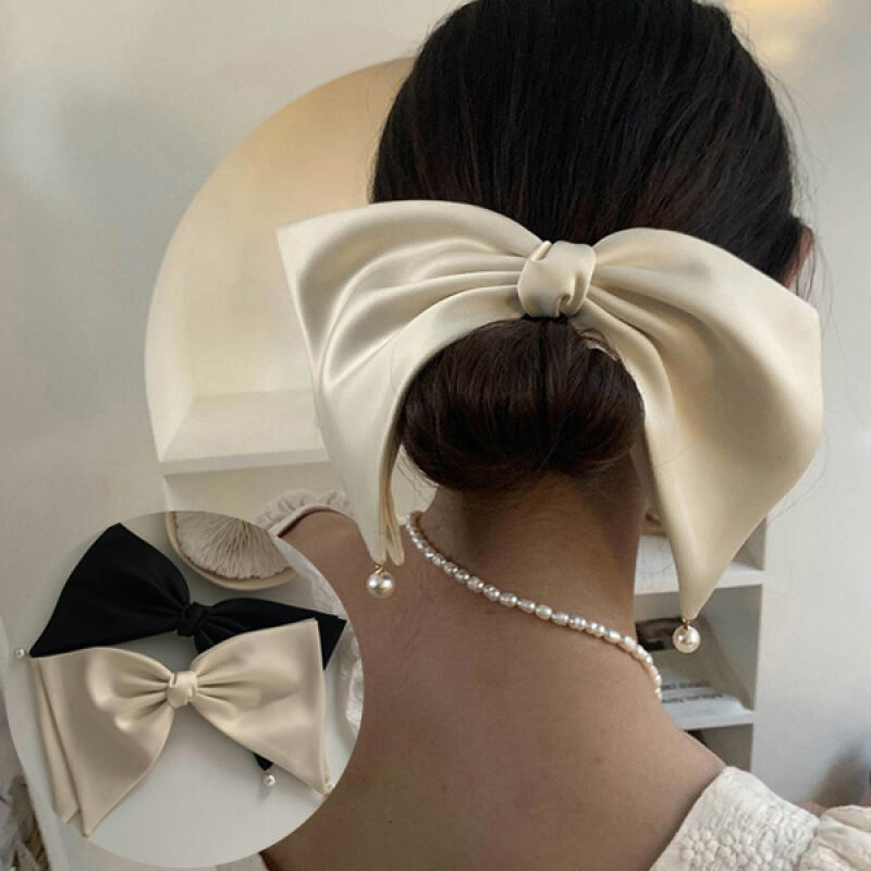 Buribu French Classic Pearl Big Ribbon Hair Clip ivory