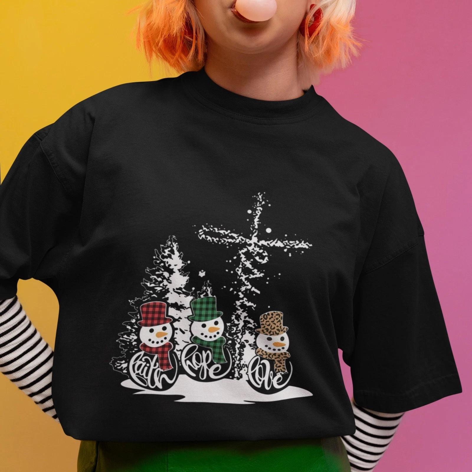 Faith Hope Love Snowman Shirt Christmas Christian Cross Winter Holiday Tee Gift L