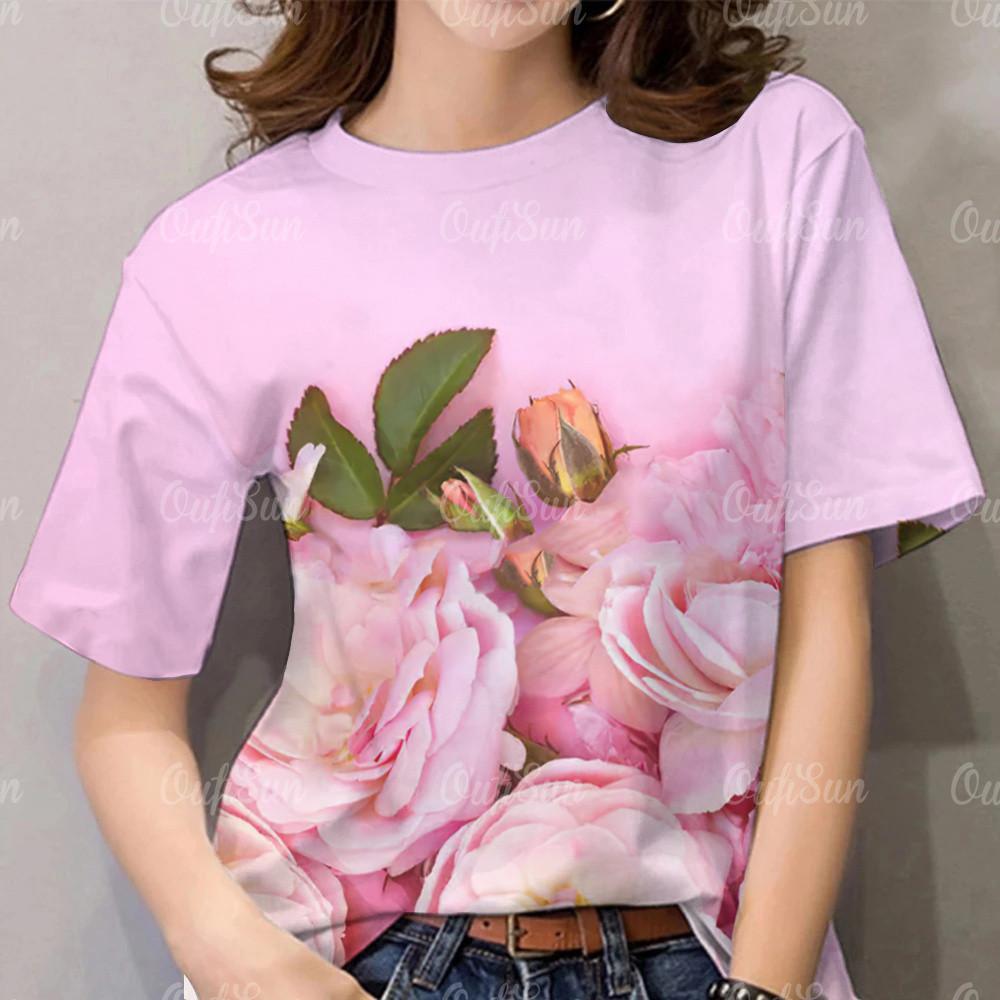 Casual Hawaiian style shirt - Flower print round neck women's T-shirt