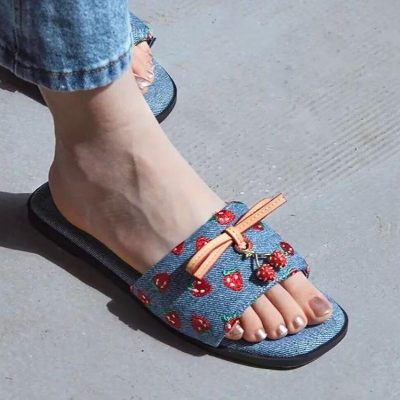 Aanpasbaar Aardbeienprint Platte Bodem High-End Pantoffels Premium Kwaliteit Instappers Comfortabele Zool Denim Strik Decoratie 36 gray