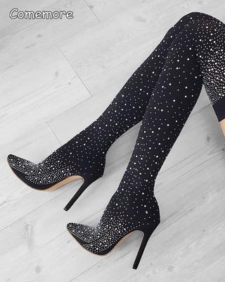 Fashion Comemore Fashion Rhinestone Pointed High Heel Sock Boot Outdoor Women Shoes Stiletto 2025 Women's Autumn Over The Knee Boots 43