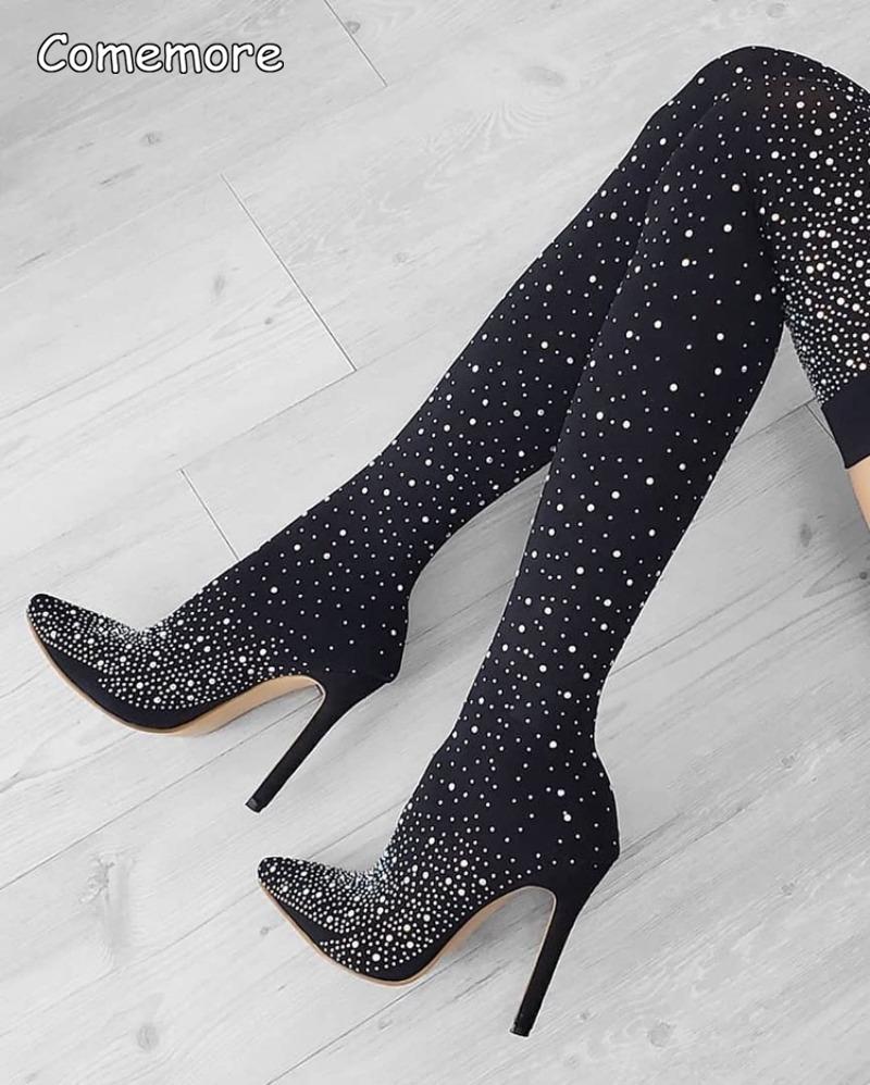 Comemore Rhinestone Pointed High Heel Sock Boot Outdoor Women Shoes Stiletto 2025 Women's Autumn Over The Knee Boots 43