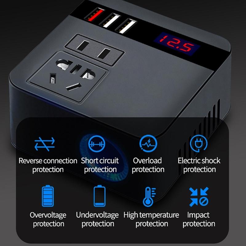 150W Car Power Inverter 12V/24VDC To 220VAC Converter with Three USB Charging Ports USB Car Outlet Adapter for Vehicle