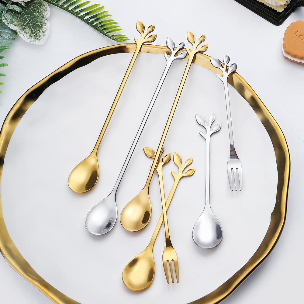 Set di Cucchiaio e Forchetta a Foglia in Acciaio Inossidabile - Miele, Mescolino, Cucchiaino da Caffè - Sacchetto Regalo per Matrimoni