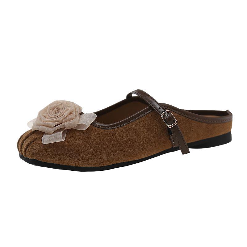 Baotou half slippers women's summer wear 2025 new one-pedal soft-soled Mary Jane shoes fairy flower flat sandals