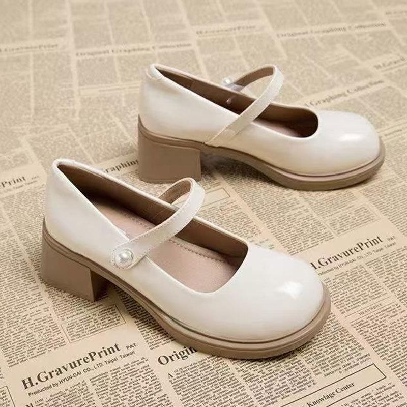 

French thick heel Mary Jane small leather shoes spring and autumn jk women s new high heel thick sole shallow mouth single shoes 40 бежевый